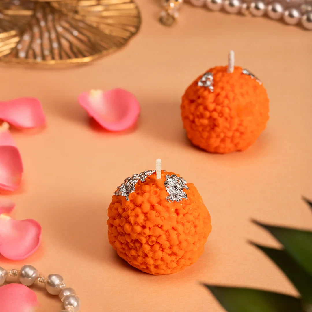 Laddoo Shaped Candle with Silver Foil Detailing – Festive Décor
